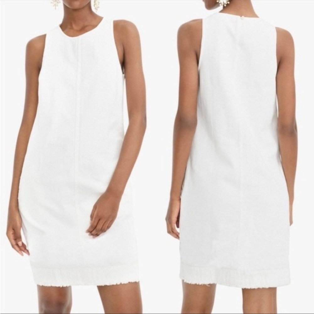 NWT J. Crew White Denim Fray Hem Tank Shift Dress sz 00 G5594 Cotton Pockets